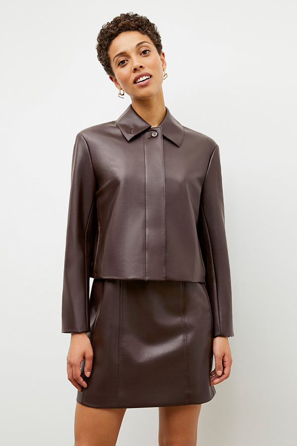 Front image of a woman wearing the nicky jacket in brown | Exclude | Grid Hover