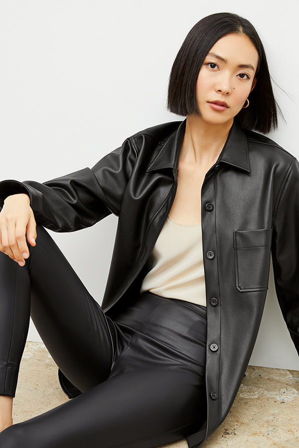 Image of a woman wearing the Sierra Shacket - Vegan Leather in Black | Exclude