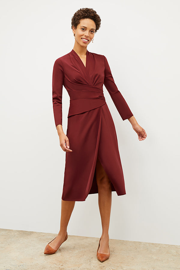Front image of a woman wearing the carly dress in maroon | Exclude
