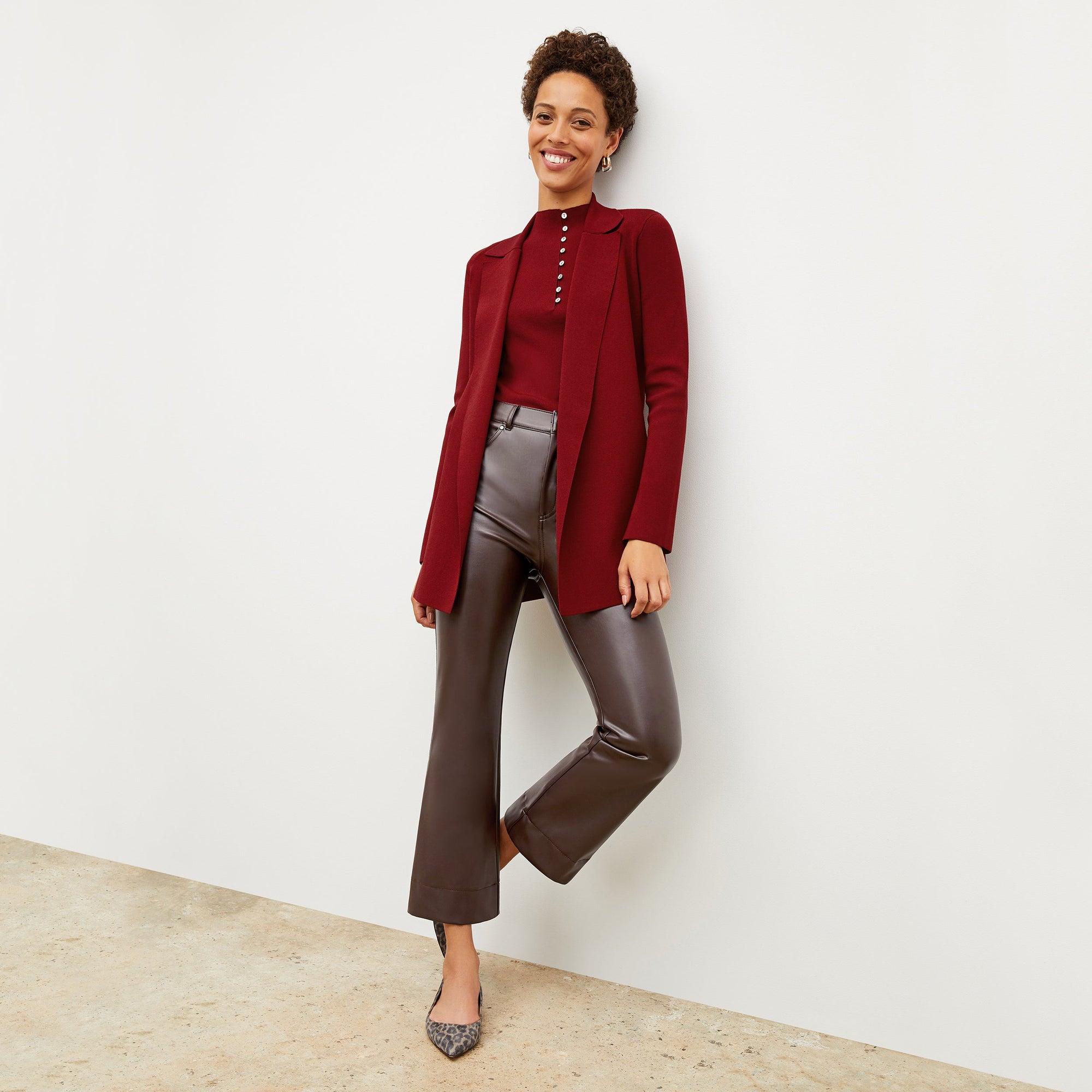 Front image of a woman wearing the archie pant in brown | Exclude