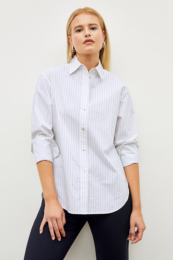 Front image of a woman wearing the Mila Button Down - Poplin Stripe in Blue / Ivory | Exclude | Grid