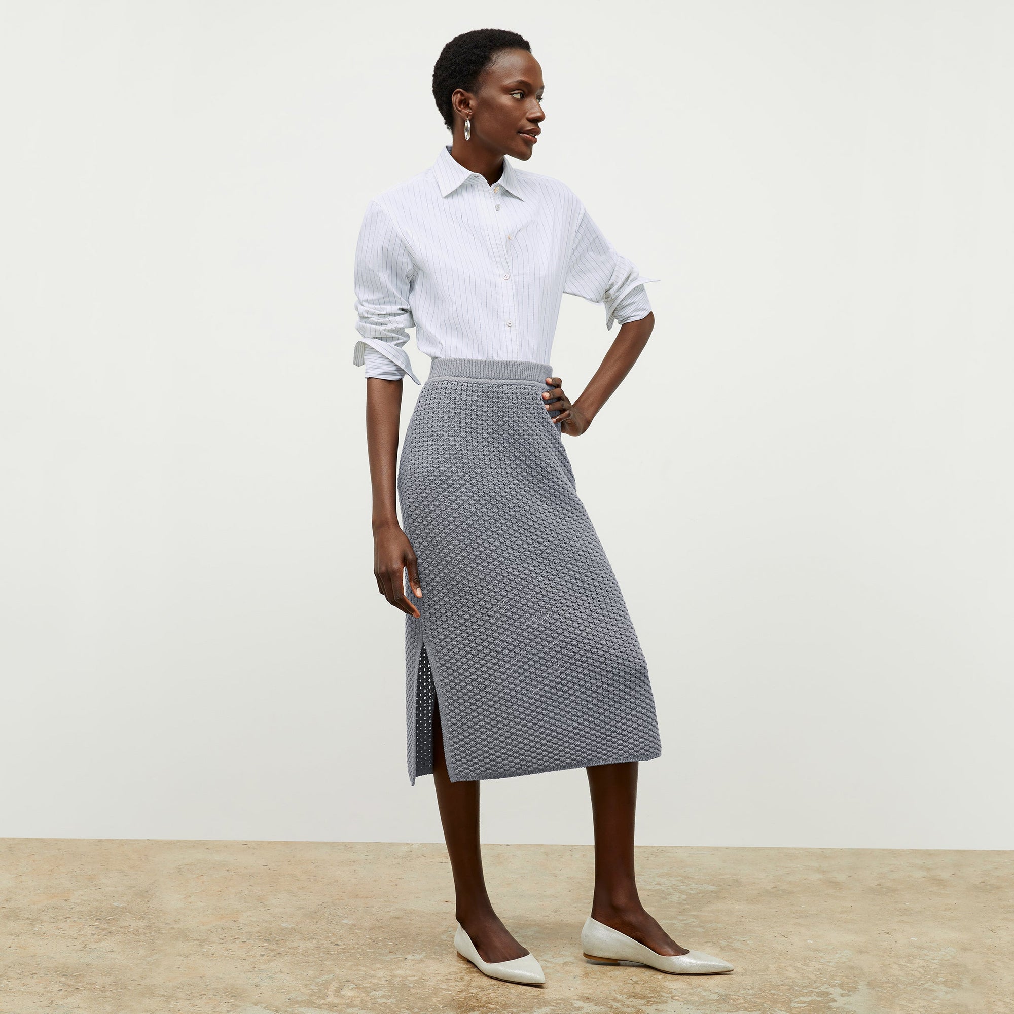 Front image of a woman wearing the Mila Button Down - Poplin Stripe in Blue / Ivory | Exclude