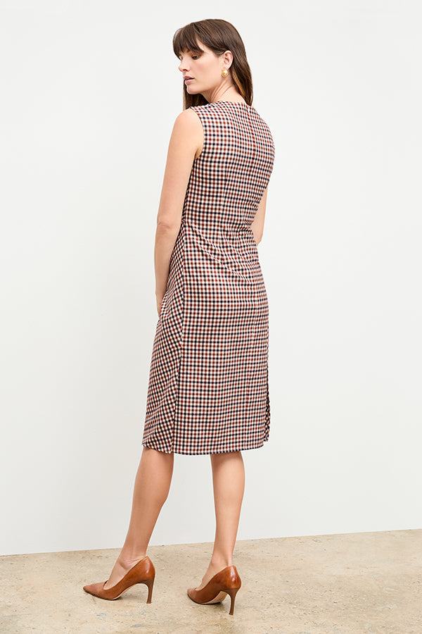 front image of a woman wearing the jeannine dress in windowpane sharkskin | Exclude