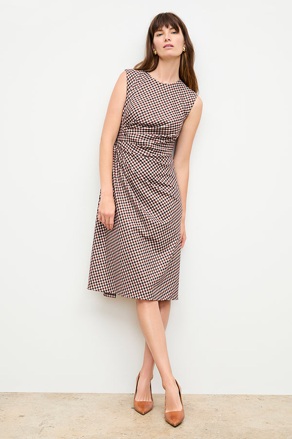 front image of a woman wearing the jeannine dress in windowpane sharkskin | Exclude | Grid