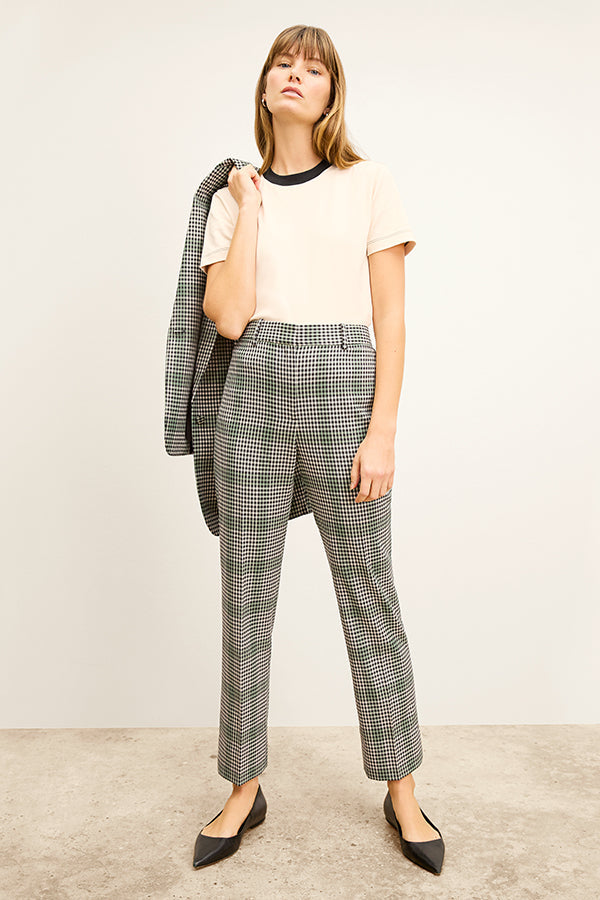 front image of a woman wearing the smith pant in check plaid | Exclude