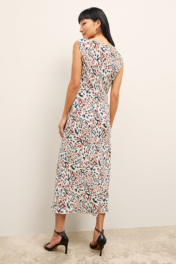 front image of a woman wearing the priya dress in leopard sketch | Exclude
