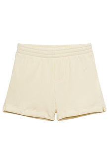 Cream ribbed swim trunk with elastic waistband and rolled cuffs.
