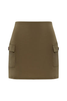 Khaki cargo skirt with side patch pockets and button closures.