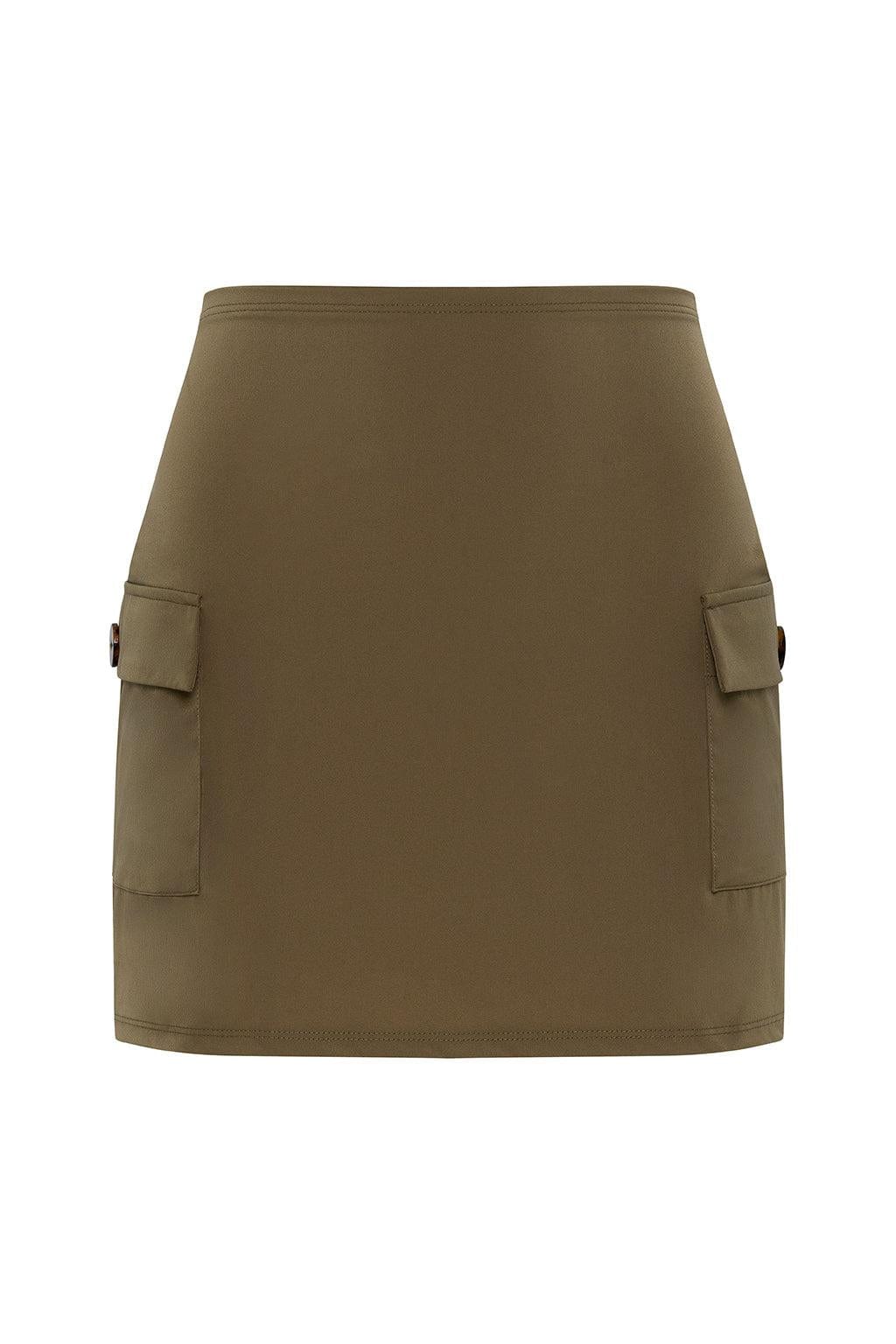 Khaki cargo skirt with side patch pockets and button closures.