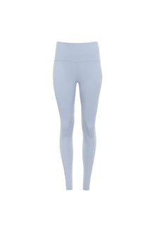 Light blue ribbed legging with high waistband and full-length fitted silhouette.
