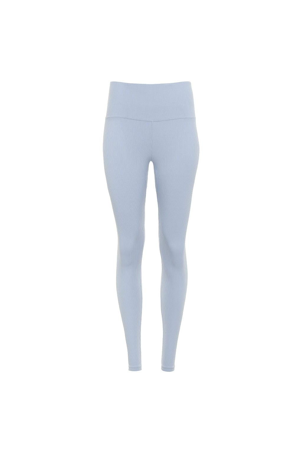 Light blue ribbed legging with high waistband and full-length fitted silhouette.