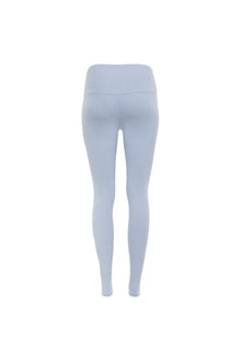 Light blue ribbed legging with high waistband, full-length fit.