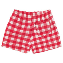 Red and white gingham swim trunk with elastic waistband and drawstring.