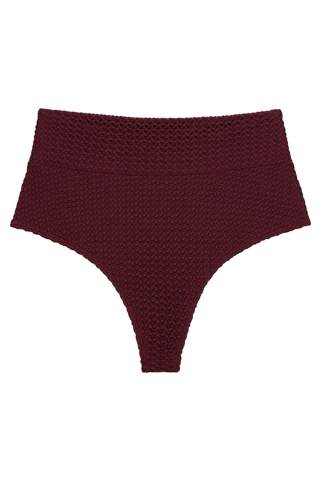 Maroon crochet bikini bottom with textured pattern and high-rise waistband.