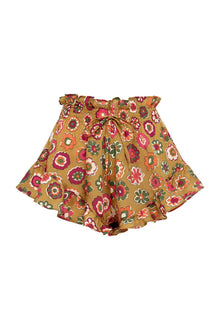 Mustard-colored short with multicolored floral print, ruched waistband, and drawstring tie at center front.