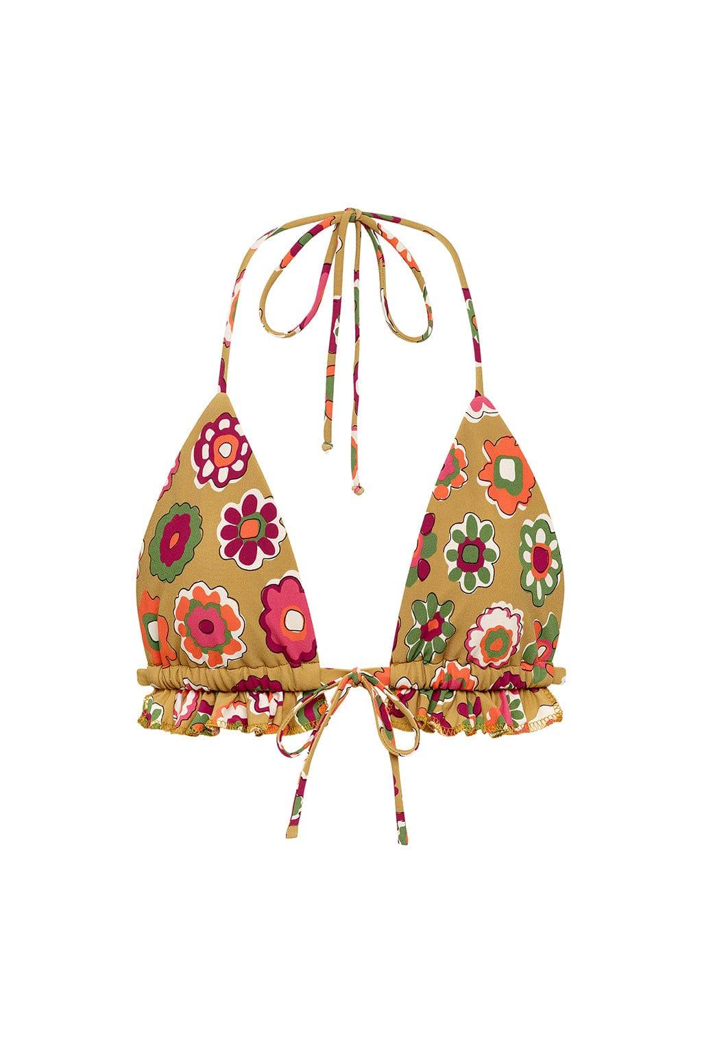 Tan bikini top with multicolored floral print, ruffled edges, and adjustable string ties at neck and sides.