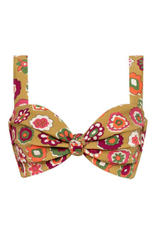 Tan bikini top with colorful floral print in pink, orange, green, and burgundy; center bow detail with adjustable straps.