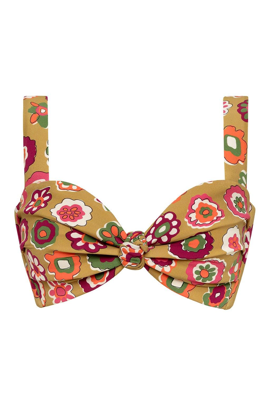 Tan bikini top with colorful floral print in pink, orange, green, and burgundy; center bow detail with adjustable straps.