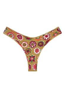 Tan bikini bottom with colorful floral print in pink, magenta, orange, and green flowers.