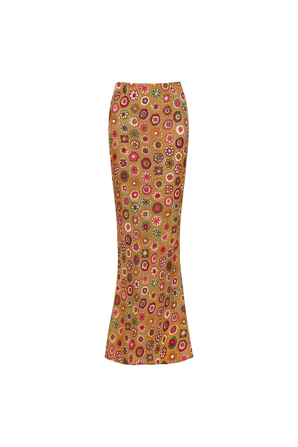 Maxi skirt with all-over multicolored floral print on gold background, fitted silhouette with slight flare at hem.