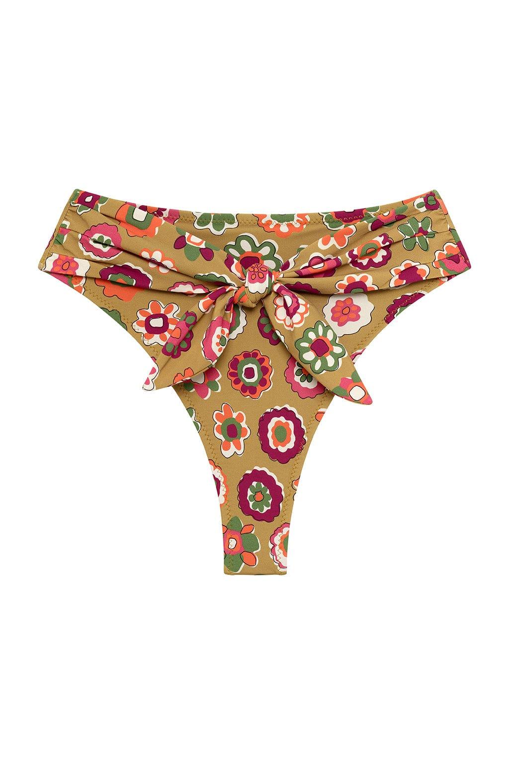 Tan bikini bottom with colorful floral pattern and tied front closure detail.