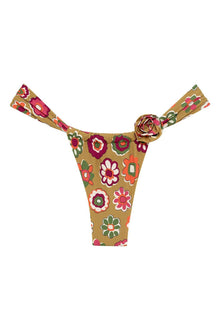 Tan bikini bottom with multicolored floral print and ruched detail at center front.