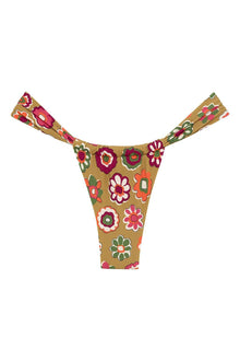 Khaki bikini bottom with multicolored floral print in red, pink, orange, and green featuring coordinating tie-side straps.