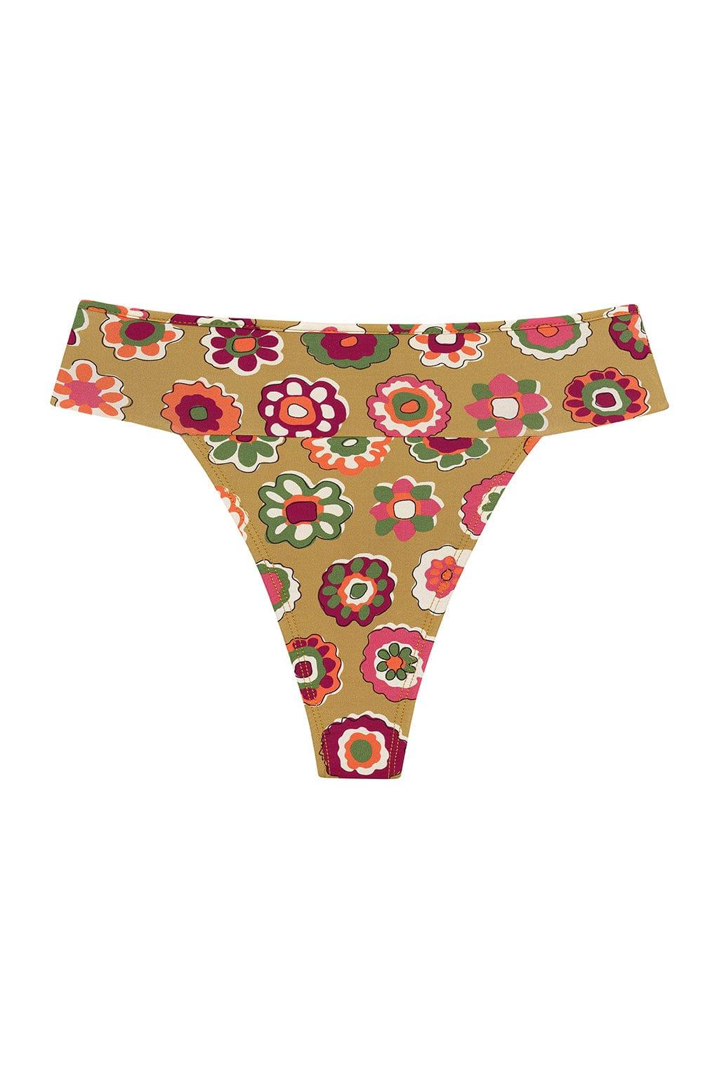 Tan bikini bottom with multicolored floral print and bound edges in red, pink, orange, and green.