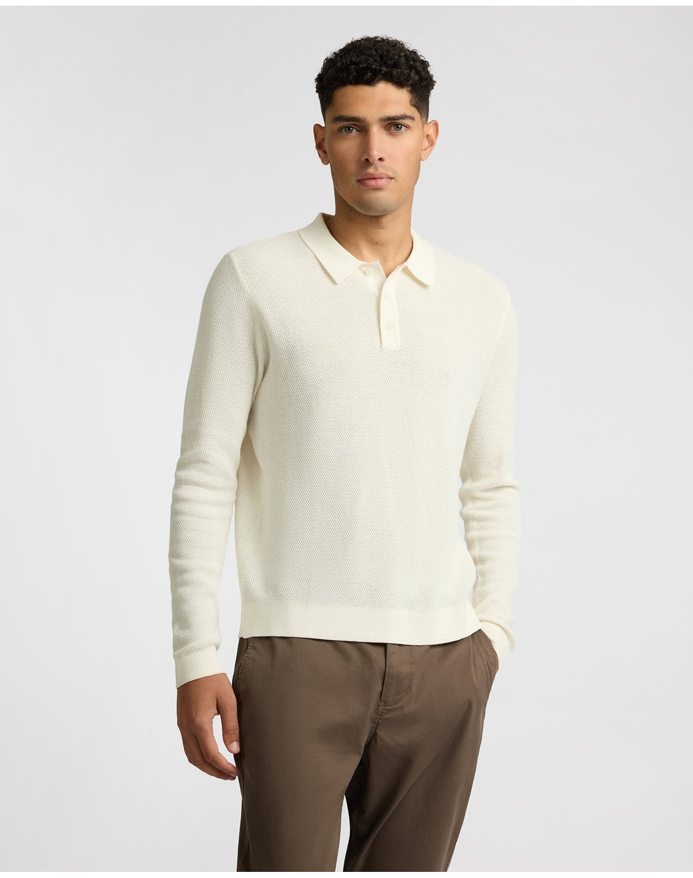 Men | Cotton Textured Knit Long Sleeve Polo Sweatshirt | Ecru