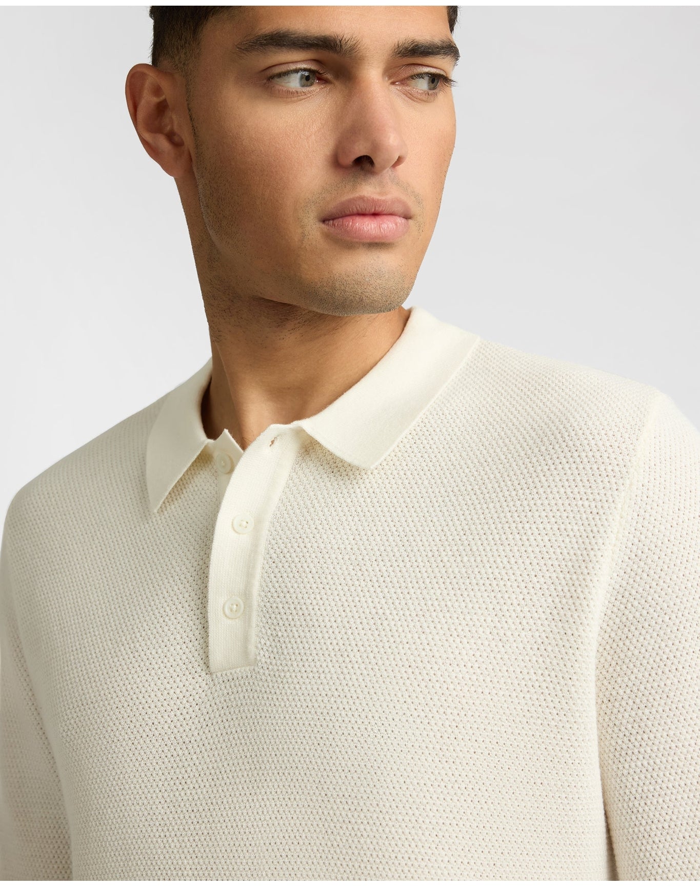 Men | Cotton Textured Knit Long Sleeve Polo Sweatshirt | Ecru