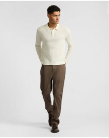 Men | Cotton Textured Knit Long Sleeve Polo Sweatshirt | Ecru