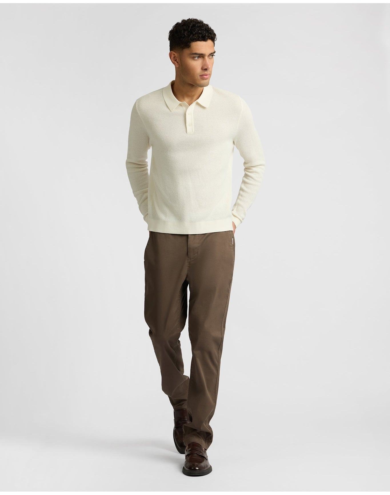 Men | Cotton Textured Knit Long Sleeve Polo Sweatshirt | Ecru