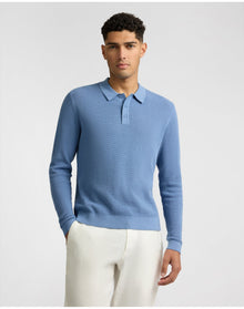 Men | Cotton Textured Knit Long Sleeve Polo Sweatshirt | Indigo