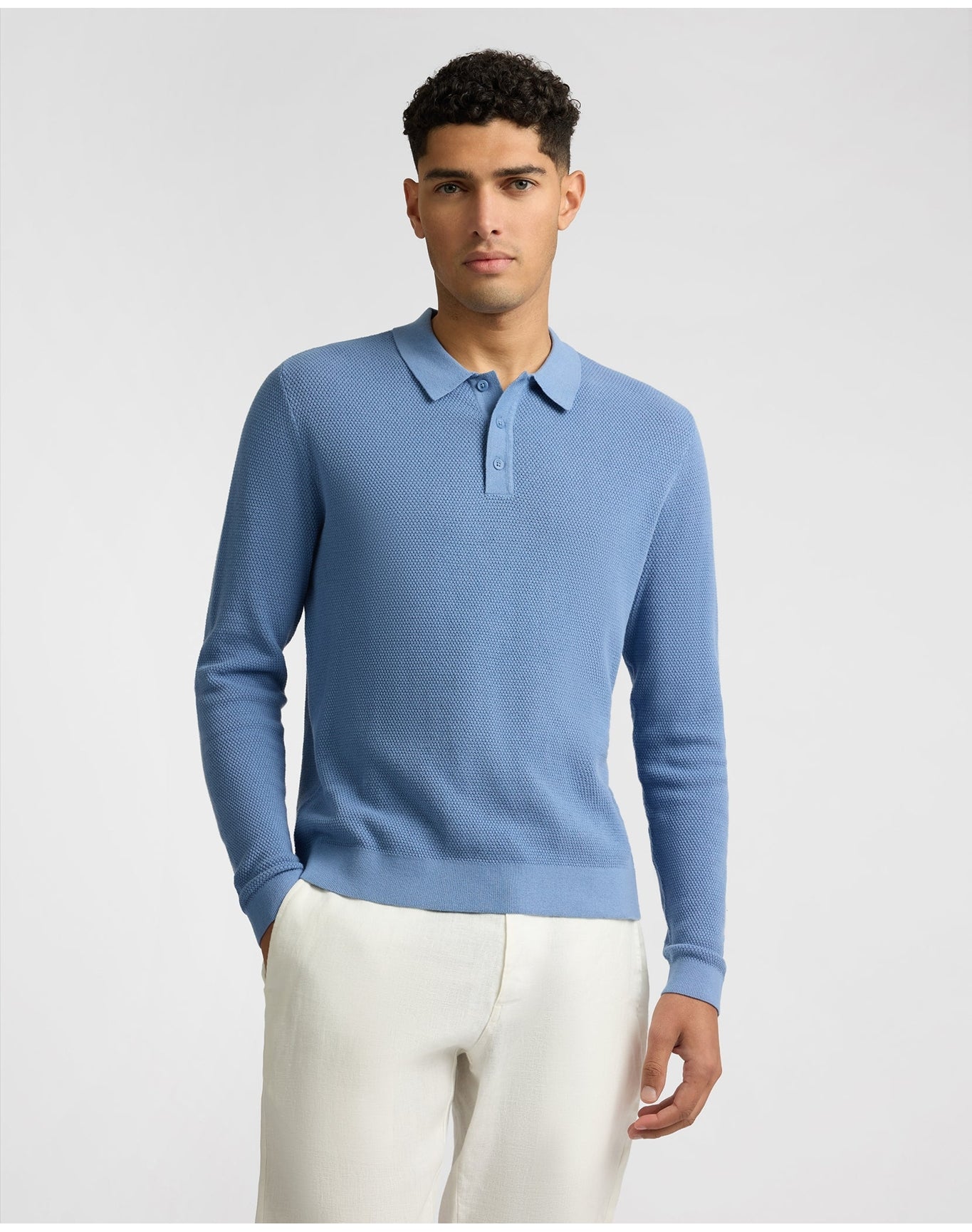 Men | Cotton Textured Knit Long Sleeve Polo Sweatshirt | Indigo