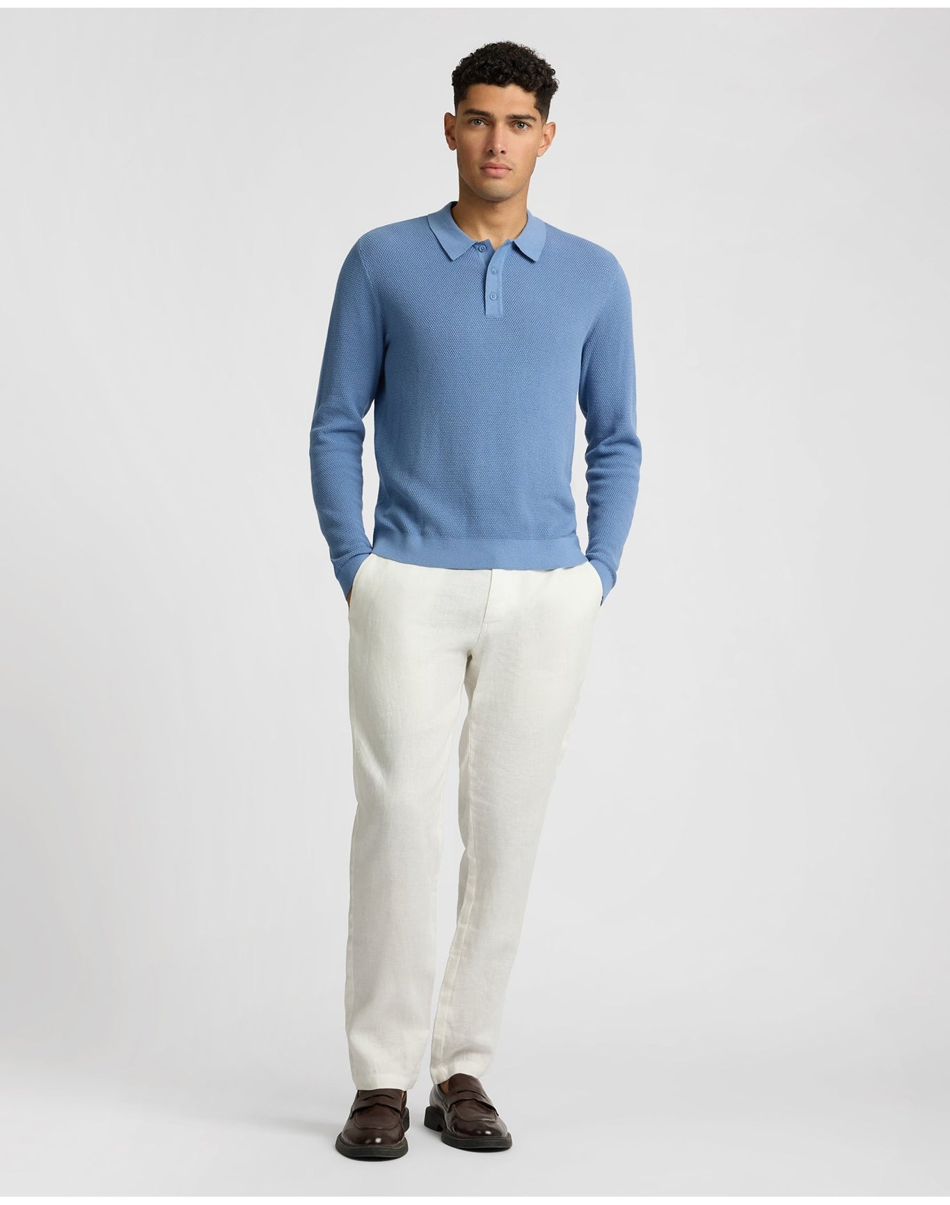 Men | Cotton Textured Knit Long Sleeve Polo Sweatshirt | Indigo