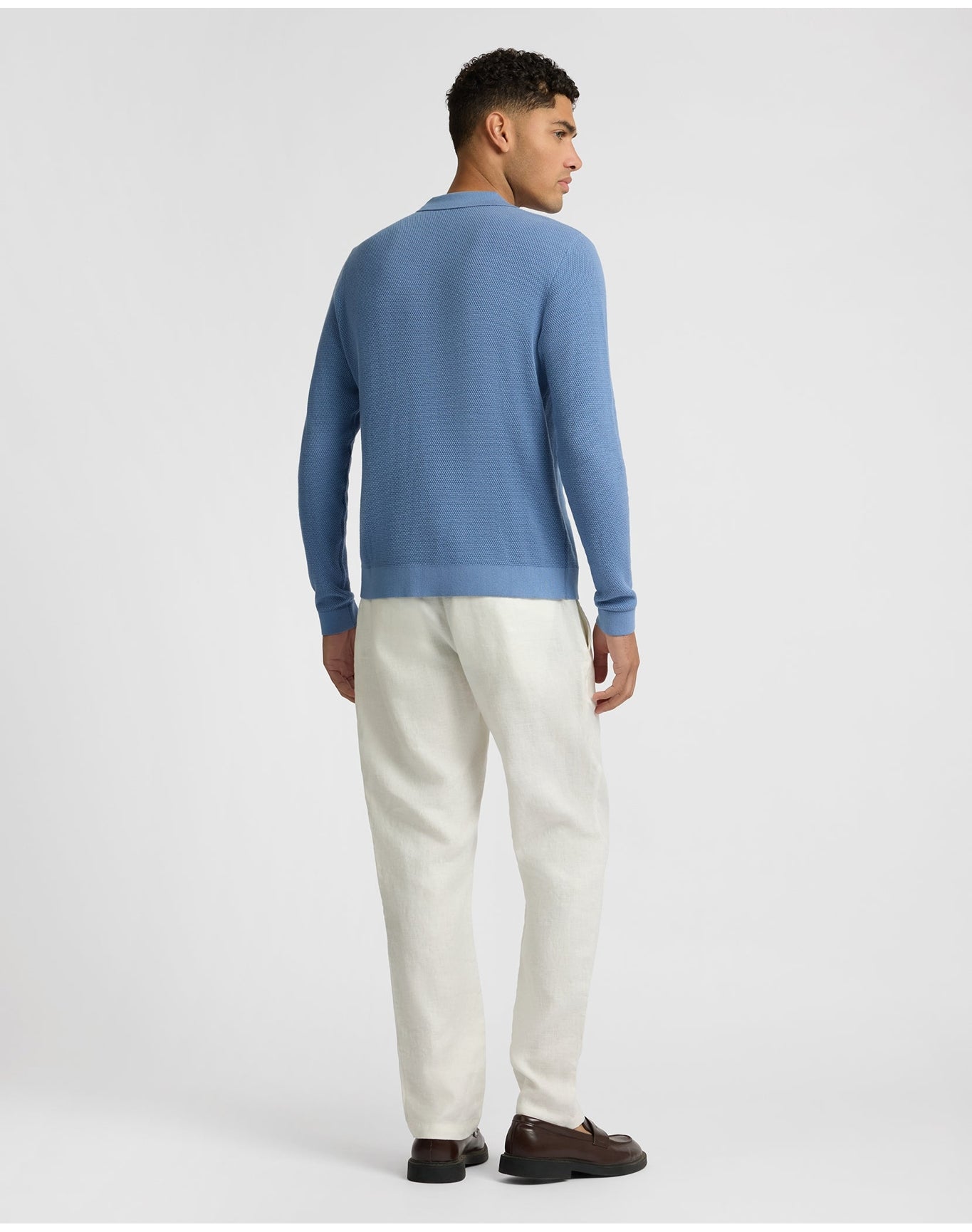 Men | Cotton Textured Knit Long Sleeve Polo Sweatshirt | Indigo