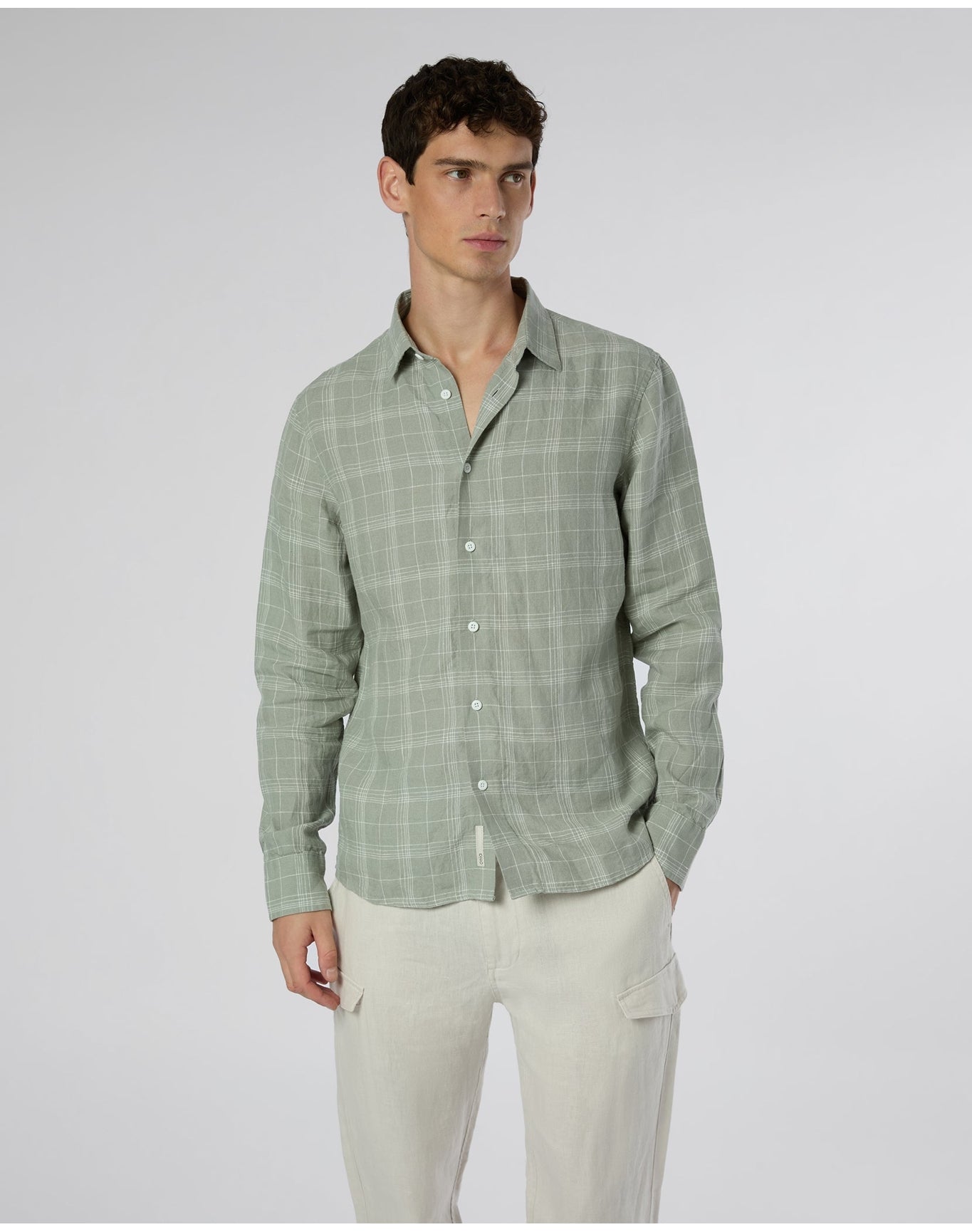 Men | Linen Long Sleeve Shirt | Musty Green White
