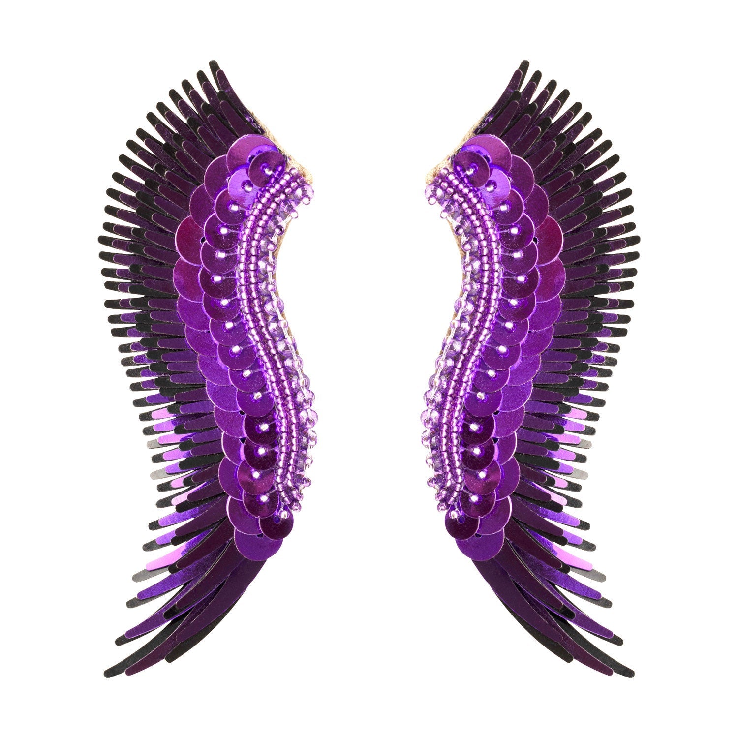 Metallic Purple Sequin Wing Earrings on Flat White Background