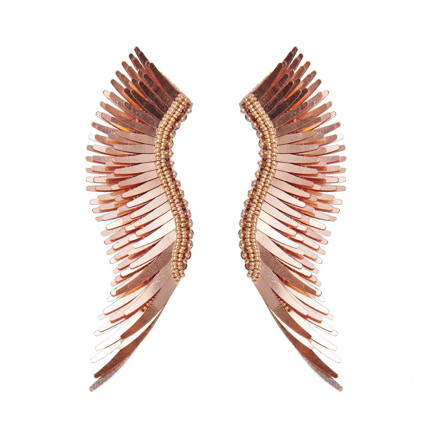 Metallic Rose Gold Wing Earrings On Flat White Background