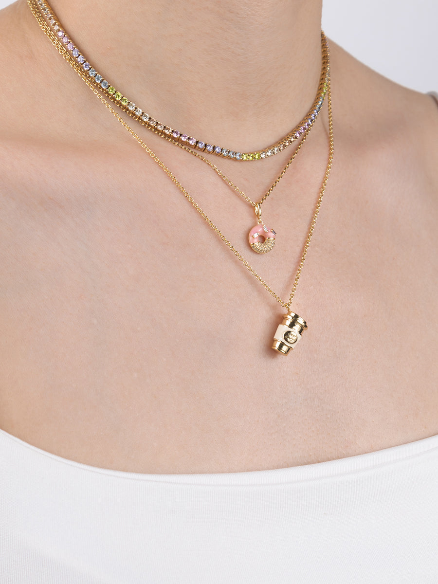 Donut Stawberry Glazed Necklace | 5A Grade Cubic Zirconia/Enamel | 14K Gold Plated Brass
