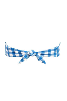 Blue and white gingham bandeau bikini top with ties at center front.