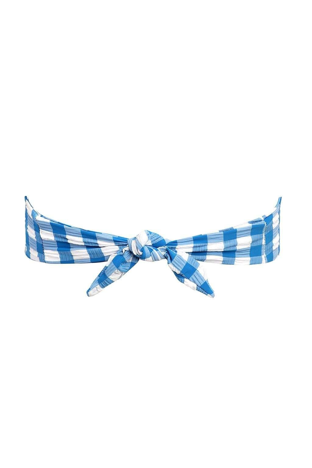 Blue and white gingham bandeau bikini top with ties at center front.