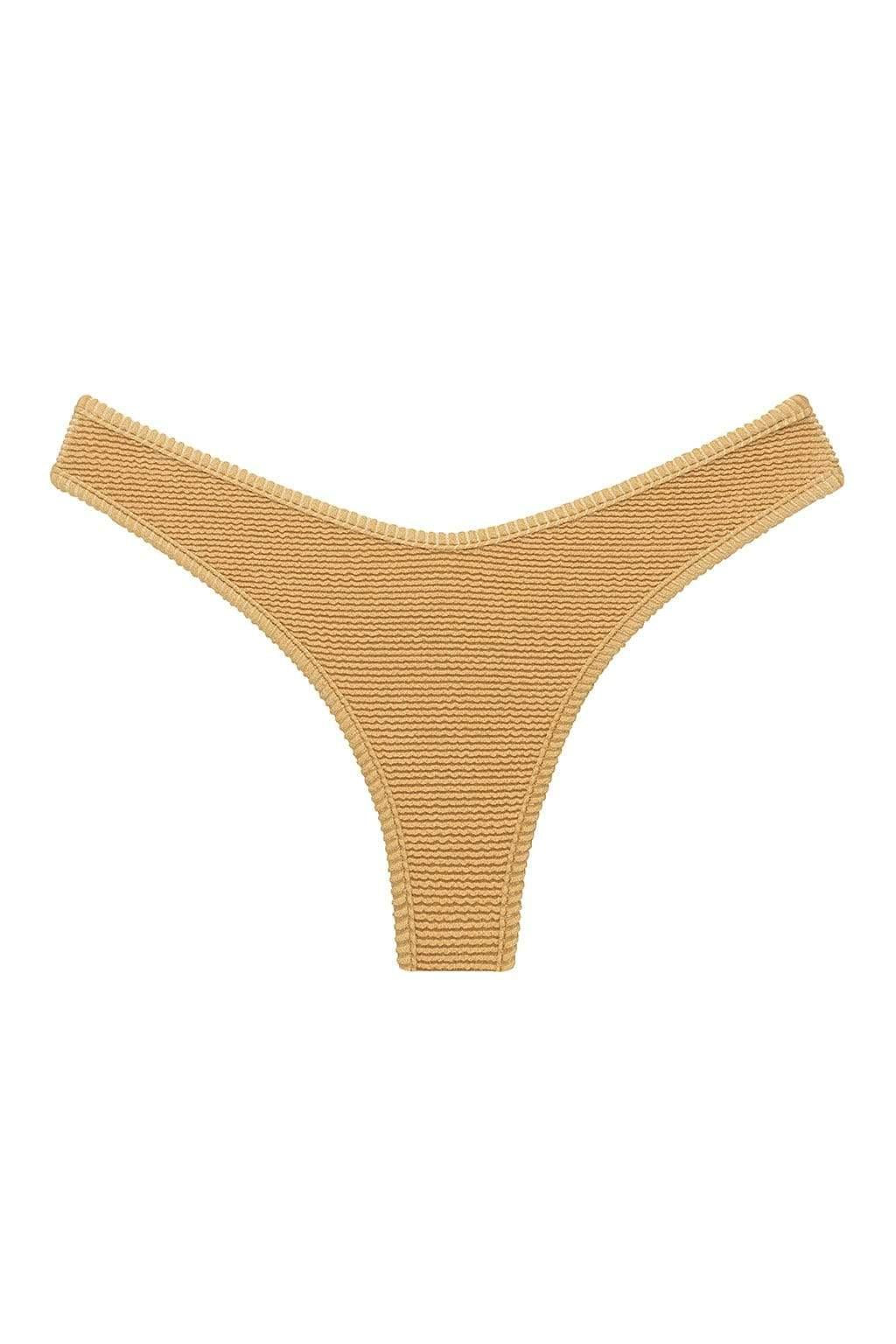 Gold textured bikini bottom with high-cut thong design and horizontal ribbed pattern throughout.