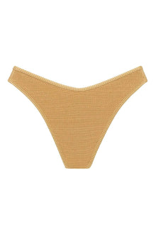 Gold textured bikini bottom with high-cut sides and a thong cut.