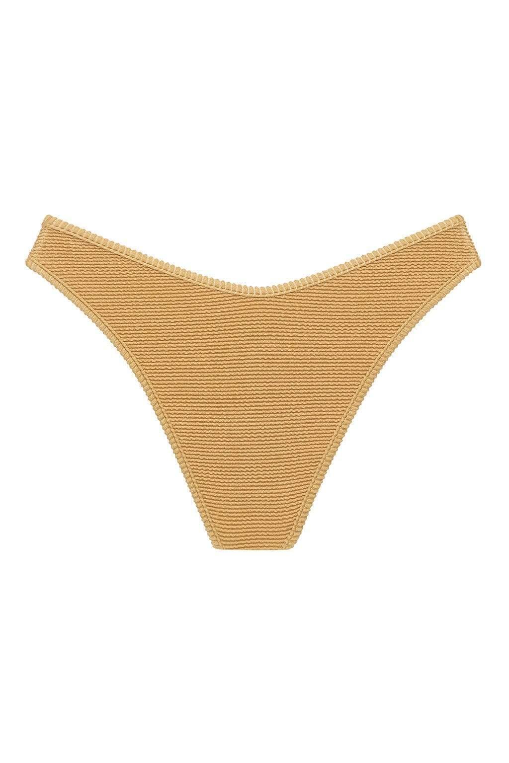 Gold textured bikini bottom with high-cut sides and a thong cut.