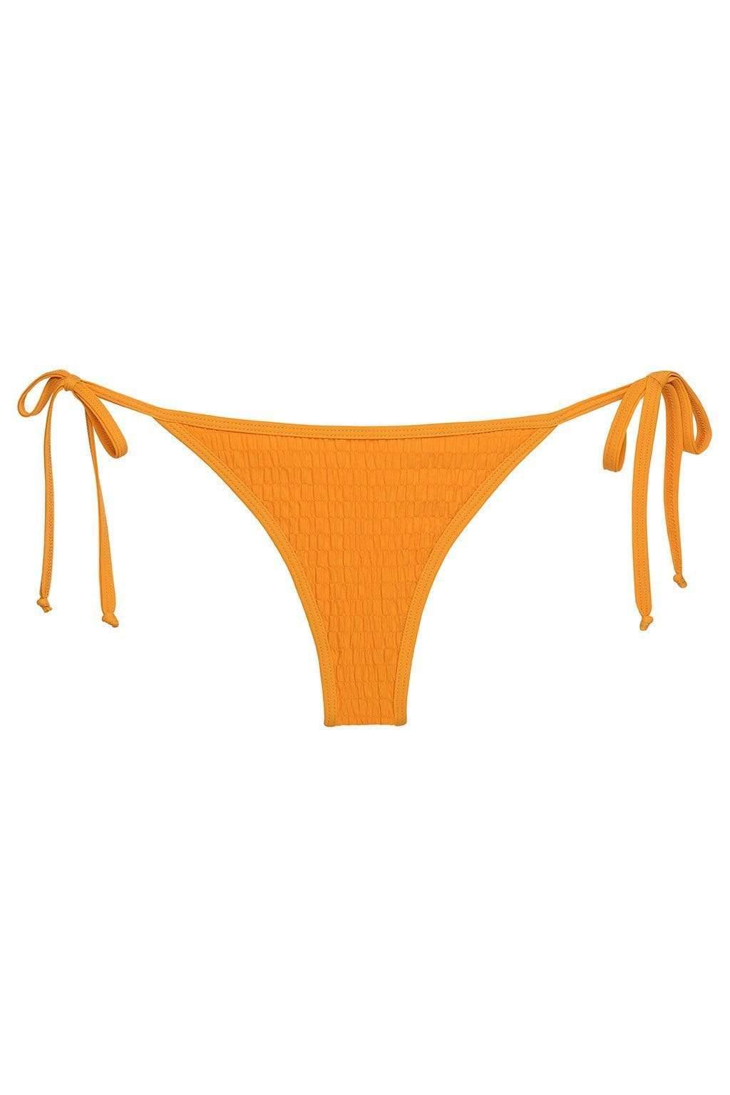 Orange bikini bottom with textured fabric and tie-up side straps.