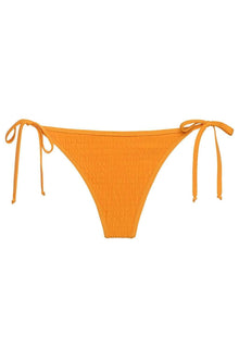 Orange textured bikini bottom with adjustable tie-up sides and scrunched details.