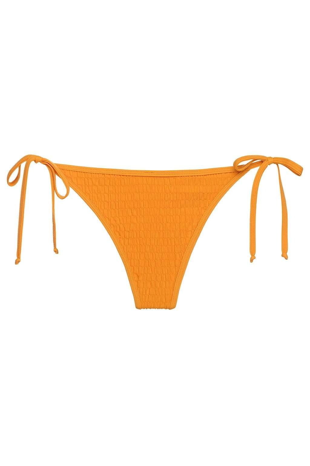 Orange textured bikini bottom with adjustable tie-up sides and scrunched details.