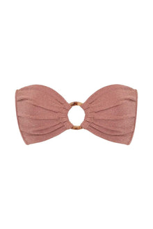 Mauve sparkle bandeau bikini top with ruched fabric and tortoiseshell ring center detail.