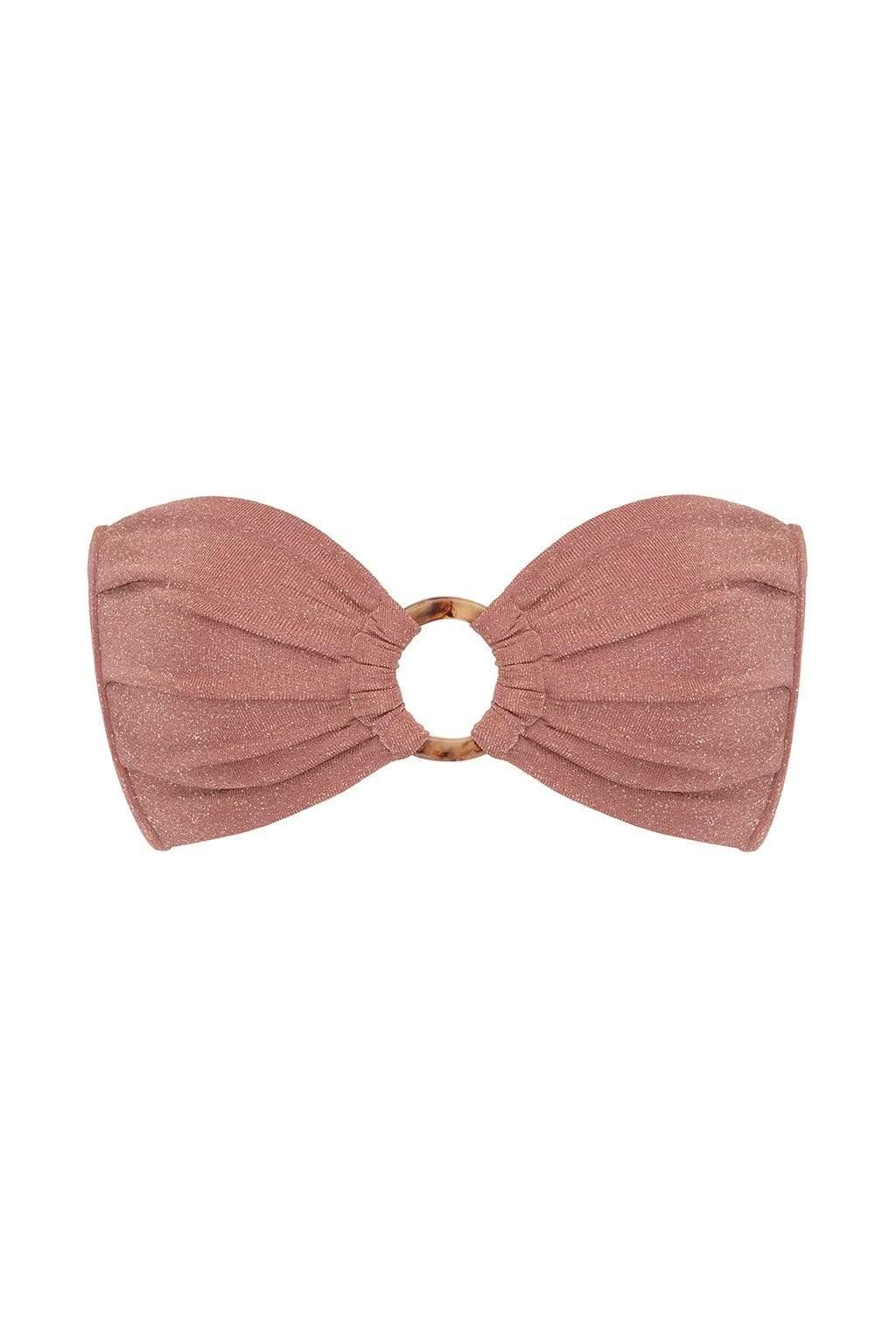Mauve sparkle bandeau bikini top with ruched fabric and tortoiseshell ring center detail.